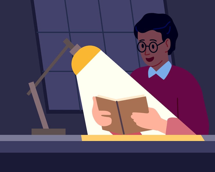 Vector teachinglight table lamp illuminates person holding textbook boy reading book in evening man studying literature in dark room importance of education and knowledge vector concept