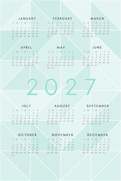 Teal blue green 2027 calendar on background with modern mosaic triangles Vertical calendar design for print and web Week starts on Sunday