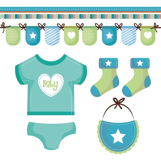 Teal and green baby clothing with decorative banner