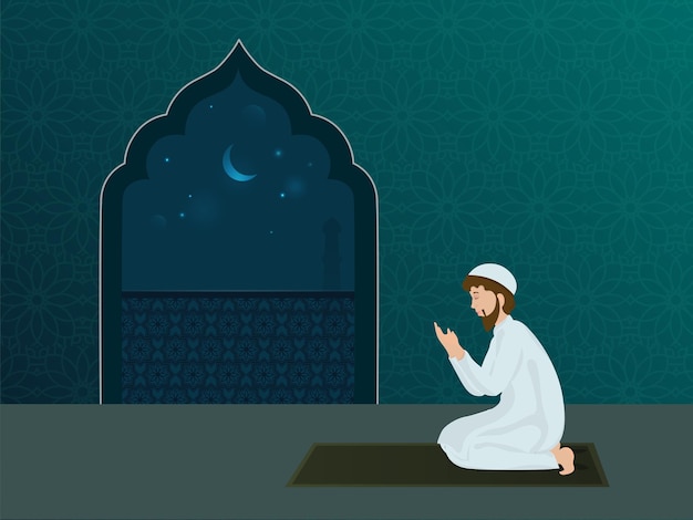 Vector teal mandala pattern background with night view and young islamic man offering namaz prayer on mat