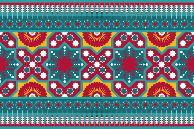 Teal red yellow vintage floral ethnic geometric oriental seamless traditional pattern. design for background, carpet, wallpaper backdrop, clothing, wrapping, batik, fabric. embroidery style. vector.