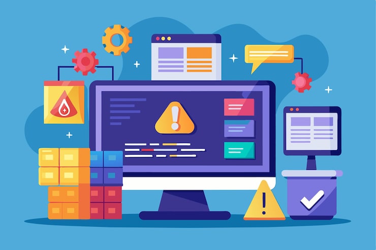 Vector 一支團隊在桌面螢幕上分析軟件漏洞和錯誤警報,在充滿活力的工作空間中設定電腦上的程式軟件問題