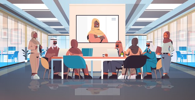 Vector team of arabic medical specialists having video conference with female black muslim doctor medicine healthcare concept hospital meeting room interior horizontal full length  illustration