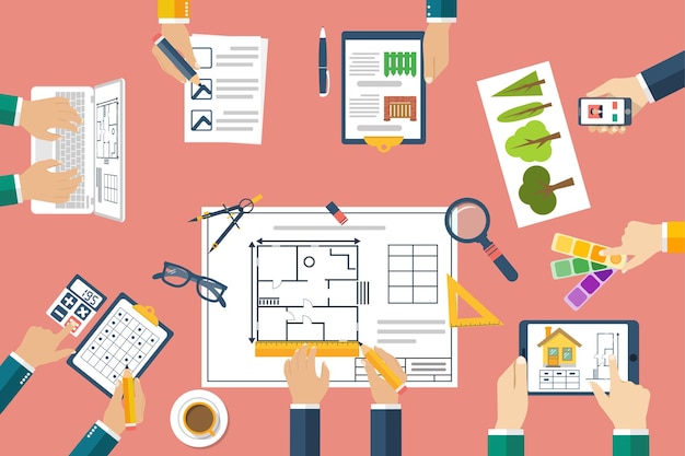 Team of architects working on a project architects discussing plans hands of architects working on blueprints teamwork brainstorming work desk designers vector flat planning construction