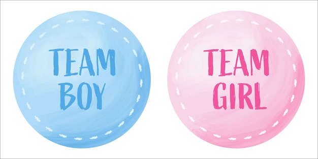 Team boy blue sticker and team girl pink sticker for gender reveal party watercolor effect Vector