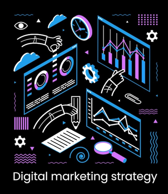 Un team costruisce un grafico e grafici concetto dell'idea di strategia digitale di marketing analisi dei dati