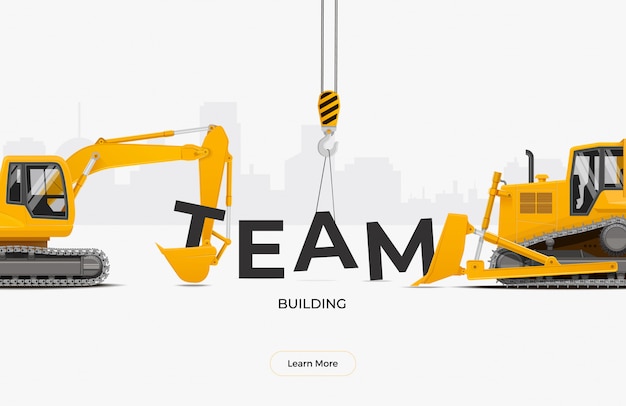 Concetto di progetto del modello dell'insegna del team building. escavatore e bulldozer che raccolgono la parola del gruppo.