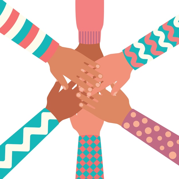 Team building. Diverse group together. Multinational diverse group together. Symbol of cooperation, partnership, association, friendship, unity. Togetherness concept. Vector flat illustration.