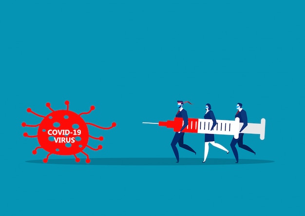 Team business-mannen geven grote injecties om covid 19 coronavirus te bestrijden.
