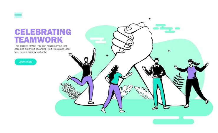 Vector team celebrating teamwork and together with big joining hands