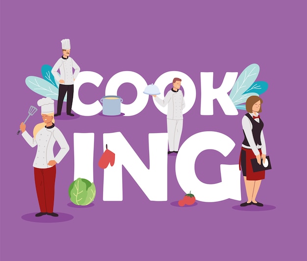 Team of chefs and waiters cooking for restaurant illustration design