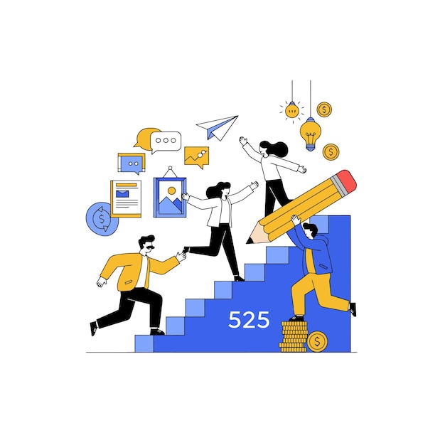 team climbing stairs with pencil and coins illustrating growth and success