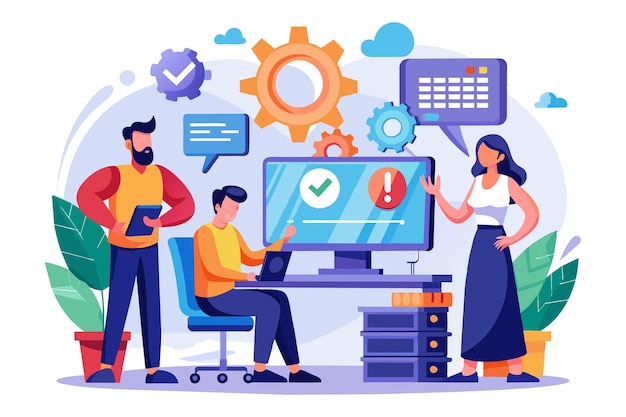 a team collaborates to resolve software errors at their desks using computers and discussing solutions it support is fixing software errors