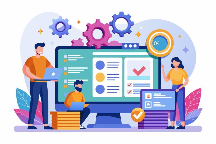 Vector 팀은 밝은 현대적인 작업 공간에서 사용자 정의 가능한 도구를 사용하여 소프트웨어 코드 테스트에 협력합니다.