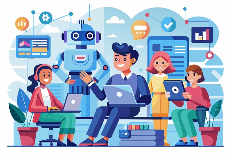 Vector team collaboration with robot in modern office setting