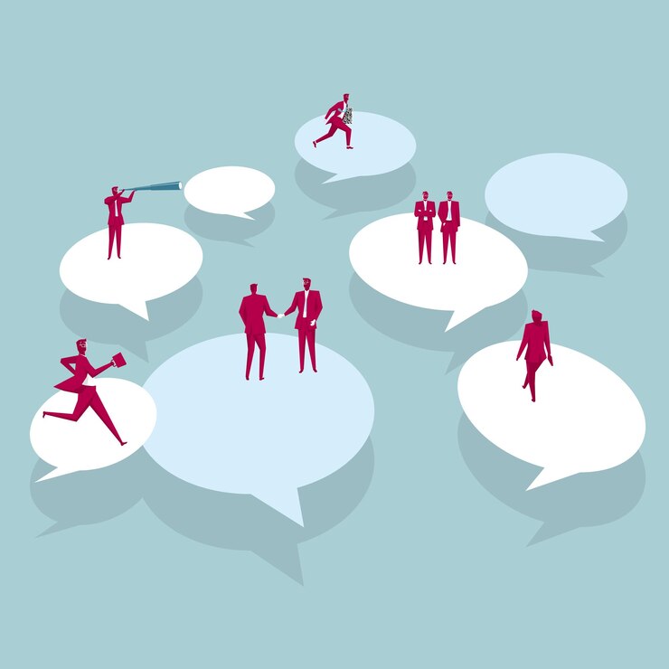 Vector team concept design. a group of businessmen discuss. isolated on blue background.
