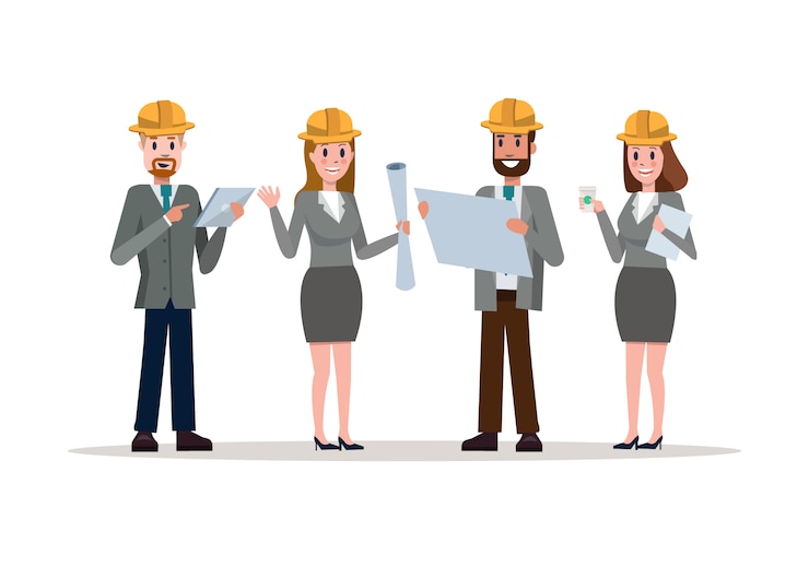 Vector team of confident engineers wearing hardhats