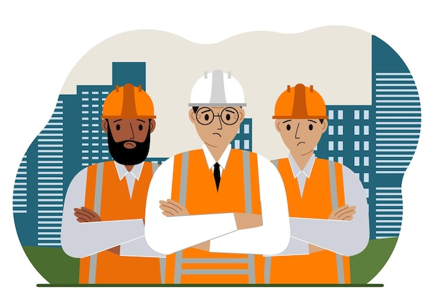 A team of constructors against the backdrop of the city and tall apartment buildings. Engineers and builders. Vector flat illustration