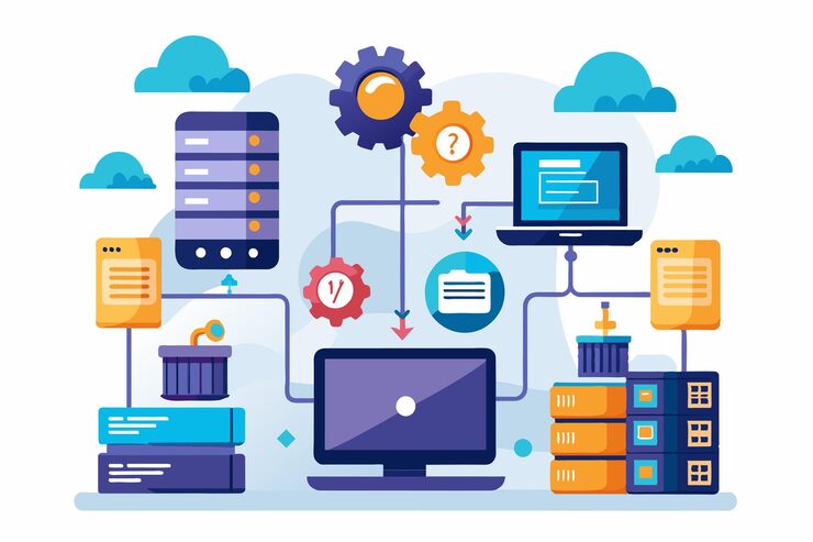 Vector a team develops an organized data storage system and archives files on a server for easy access organizing data storage and file archive on server or computer