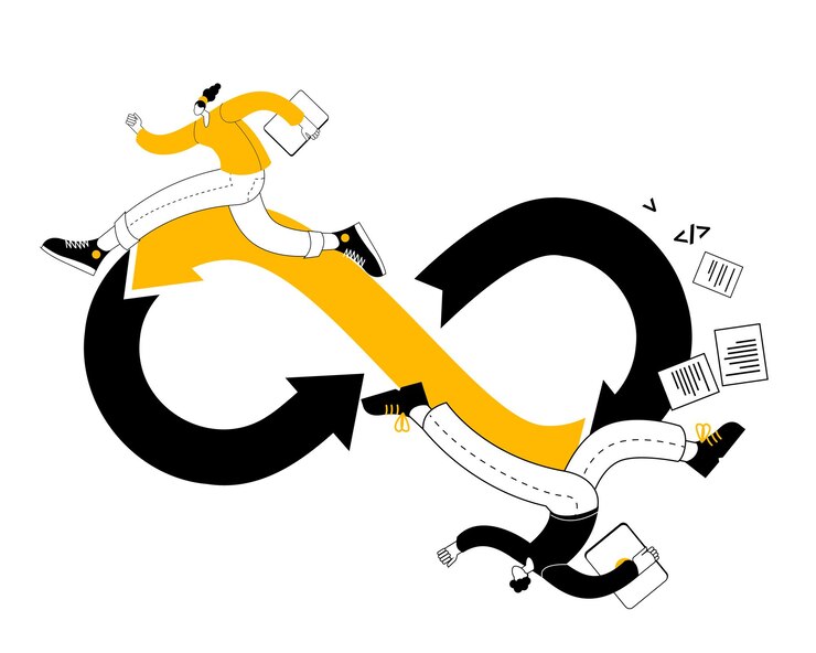 Vector a team of devops engineers is running along the arrow.