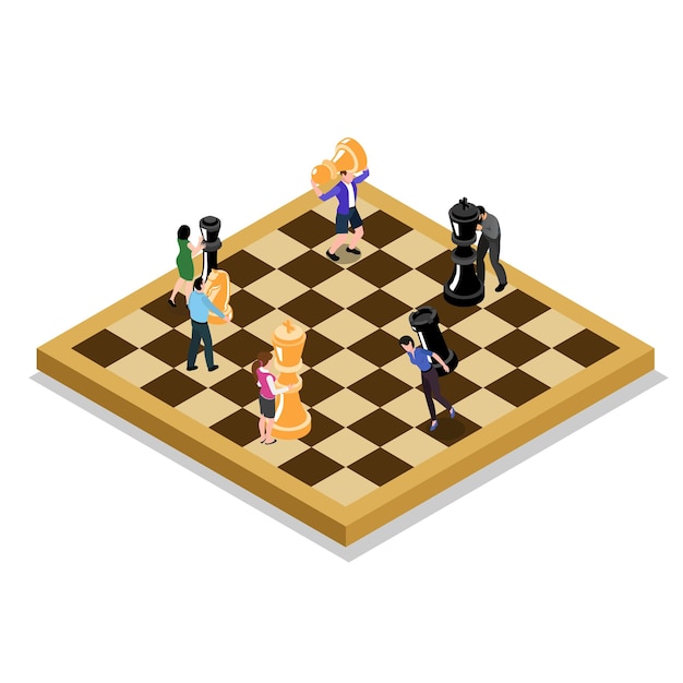 Vettore squadra di uomini e donne diversi che giocano a scacchi giganti