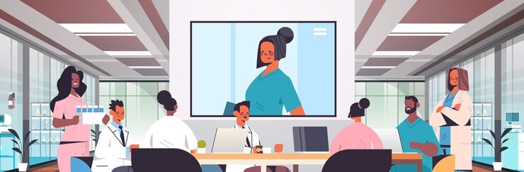 Vector team of doctors having video conference mix race medical professionals discussing at round table medicine healthcare concept hospital interior horizontal portrait vector illustration