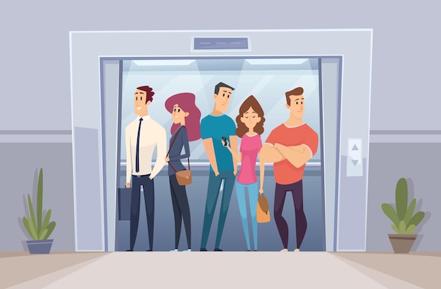 Vector team in elevator. business crowd managers standing in elevator bright office doors vector person. office elevator work, business team worker illustration