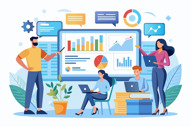 A team of four people analyze data on a large screen in an office setting with charts graphs and figures displayed