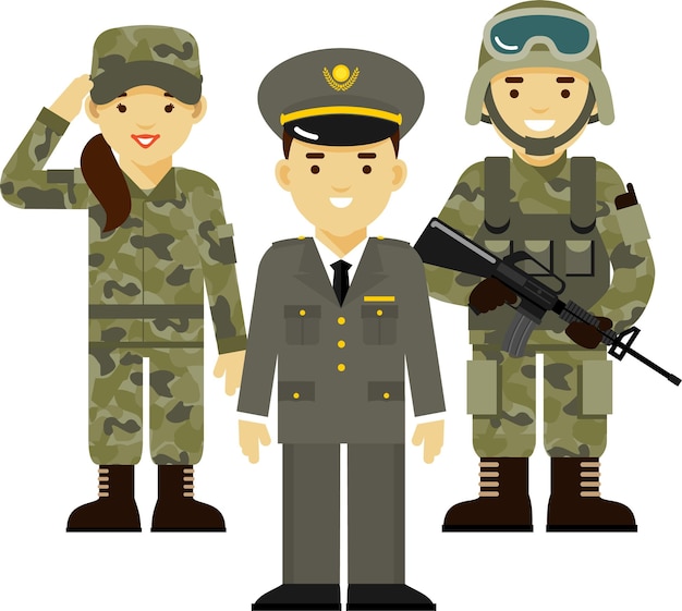 team group of young man and woman soldier in camouflage military uniform and helmet in flat style