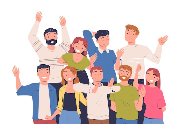 Team of Happy People Character Standing Together Waving Hand and Smiling Vector Illustration Rejoiced Young Man and Woman Feel Positive