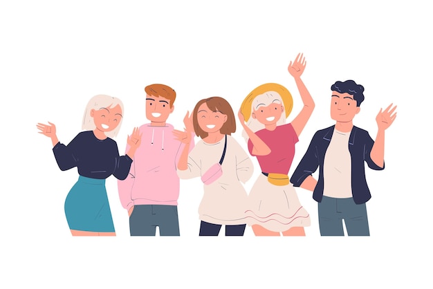 Team of Happy People Character Standing Together Waving Hand and Smiling Vector Illustration Rejoiced Young Man and Woman Feel Positive