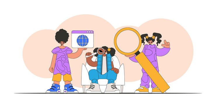 Vector the team helps to find information on the internet bright trend character