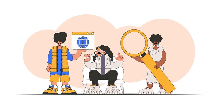 Vector the team helps to find information on the internet modern character style