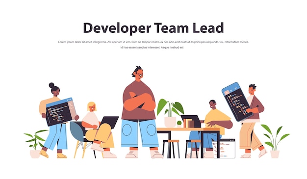 Team lead engineer with mix race web developers coding together creating program code development of software and programming concept