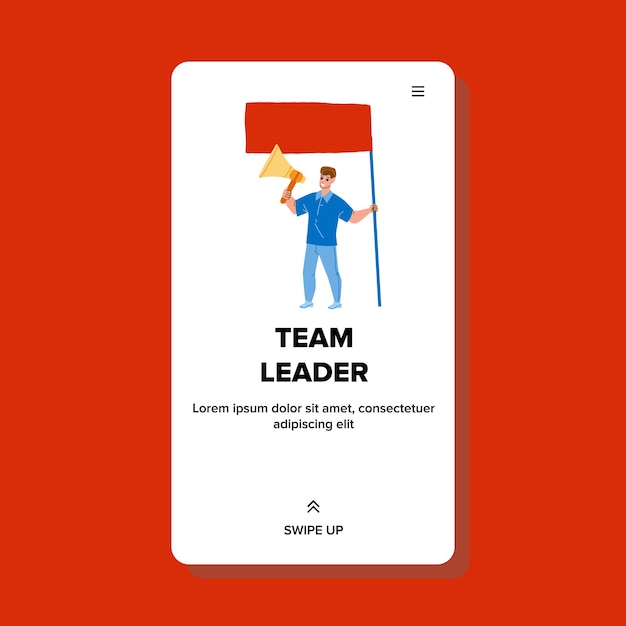 팀 리더 관리 작업 프로세스 벡터입니다. 남자 팀 리더는 깃발을 들고 확성기로 비명을 지르며 사무실에서 팀워크를 관리합니다. 캐릭터 경력 목표 달성 웹 플랫 만화 일러스트 레이션