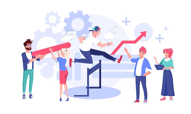 Vector team leading to finish young man overcoming obstacles jumping over barriers flat vector illustration. search for right solution, business problem solving, help and support concept