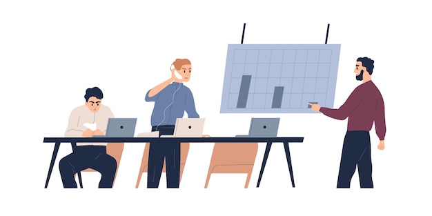 Team of male coworkers discuss graph of company bankruptcy vector flat illustration. Man boss shouting on phone to not motivated employees isolated on white. Profit drop, financial crisis or collapse.