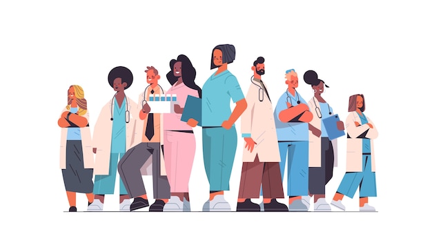 team of medical professionals mix race doctors in uniform standing together medicine healthcare concept horizontal full length vector illustration