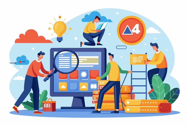 Vector 团队成员在技术环境中使用计算机和工具积极检查数据存储错误 员工正在寻找数据存储错误 404错误