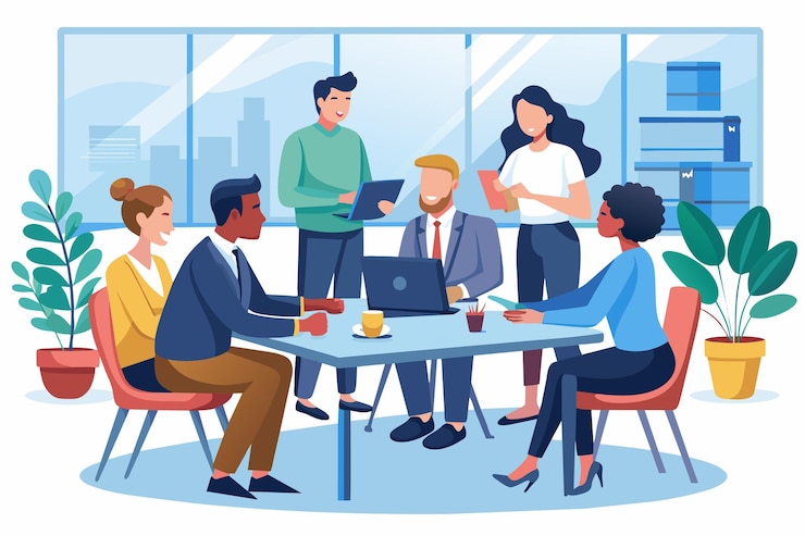 Vector team members discussing ideas at conference table ai generated