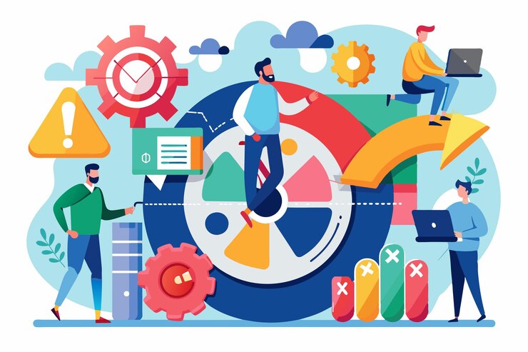 Vector team members engage in customizable risk management activities with visual tools and technology risk management customizable flat illustration