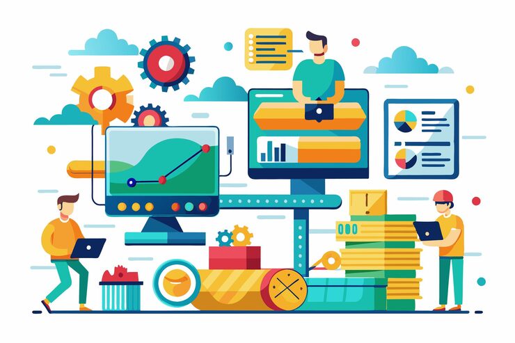 Vector team members engage in loading and processing data using various digital tools and devices the process of loading input data