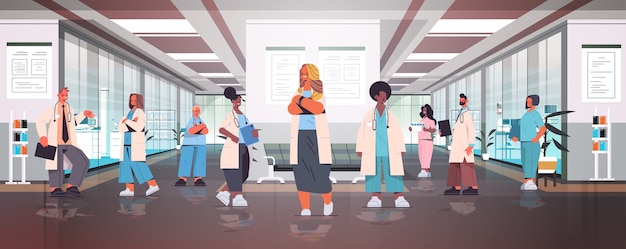 team of mix race doctors in uniform standing together in hospital corridor medicine healthcare concept horizontal full length vector illustration