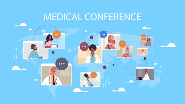 Vector team of mix race doctors in web browser windows discussing during video conference medicine healthcare concept world map background horizontal portrait vector illustration