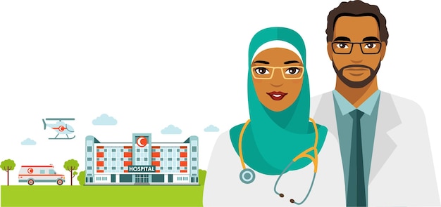 Команда мусульманских арабских врачей мужчина и женщина на фоне здания больницы в плоском стиле