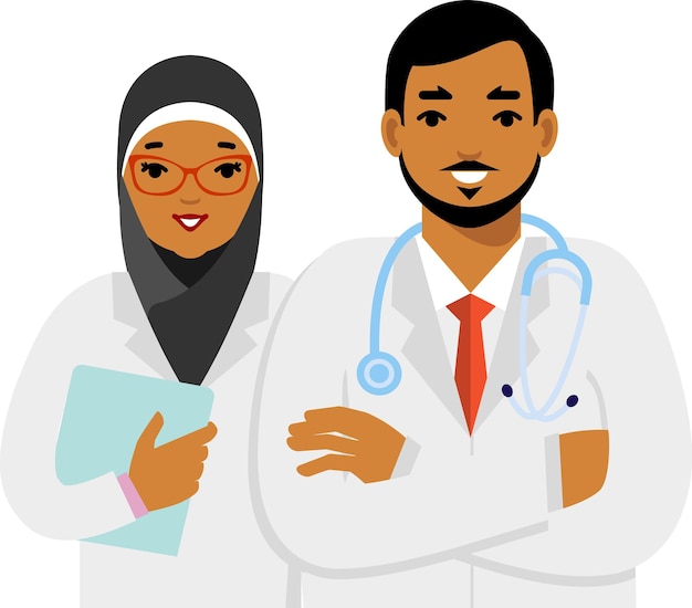 Vector team of muslim doctors man and woman in hijab in medical clinic