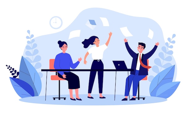 Vector team of office workers with flying paper documents around. efficient fast work of people at desk flat vector illustration. teamwork, productivity concept for banner, website design or landing web page