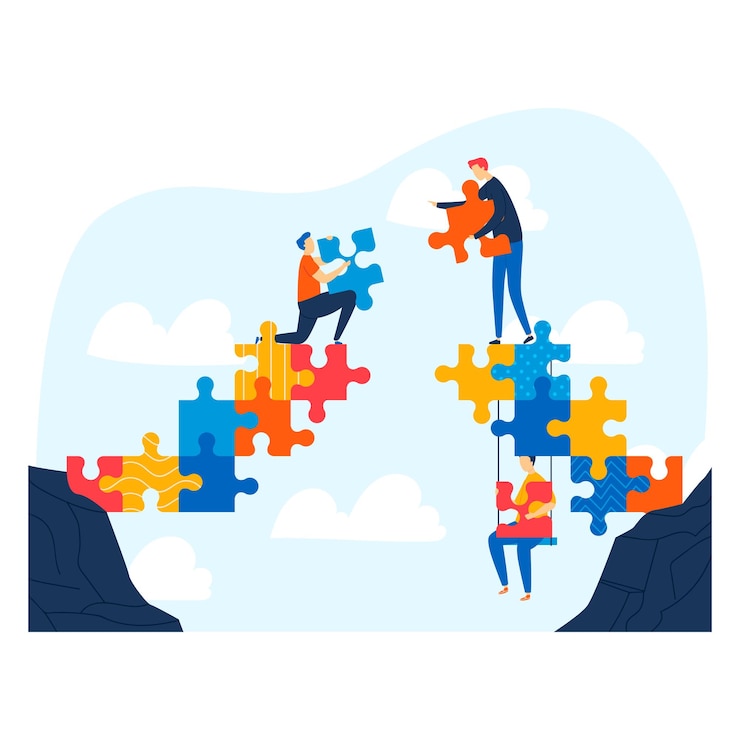 Vector team of people constructing puzzle bridge across cliff teamwork and problem solving in business