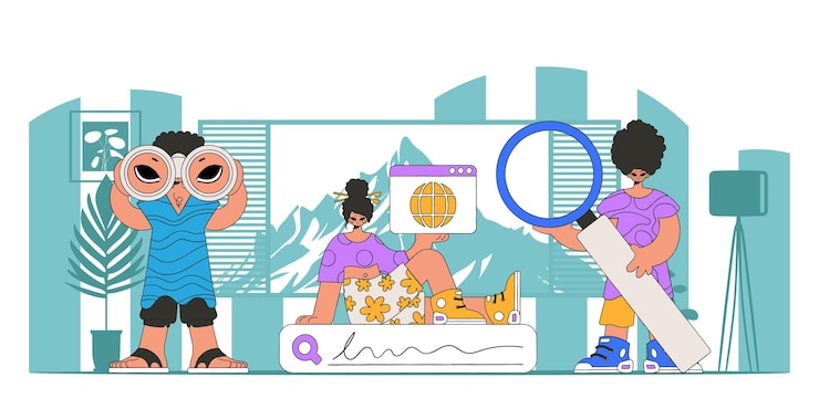 Vector a team of people help find information on the internet bright and stylish illustration bright trendy character