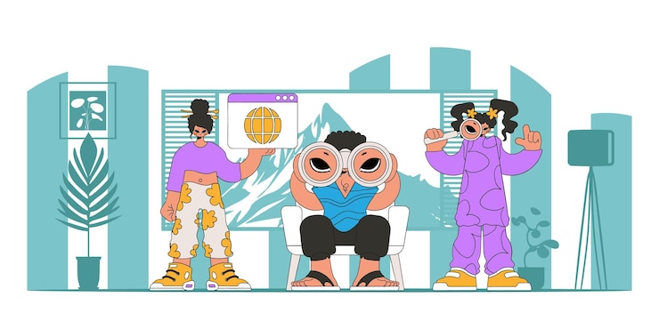Vector a team of people help find information on the internet material for educational content